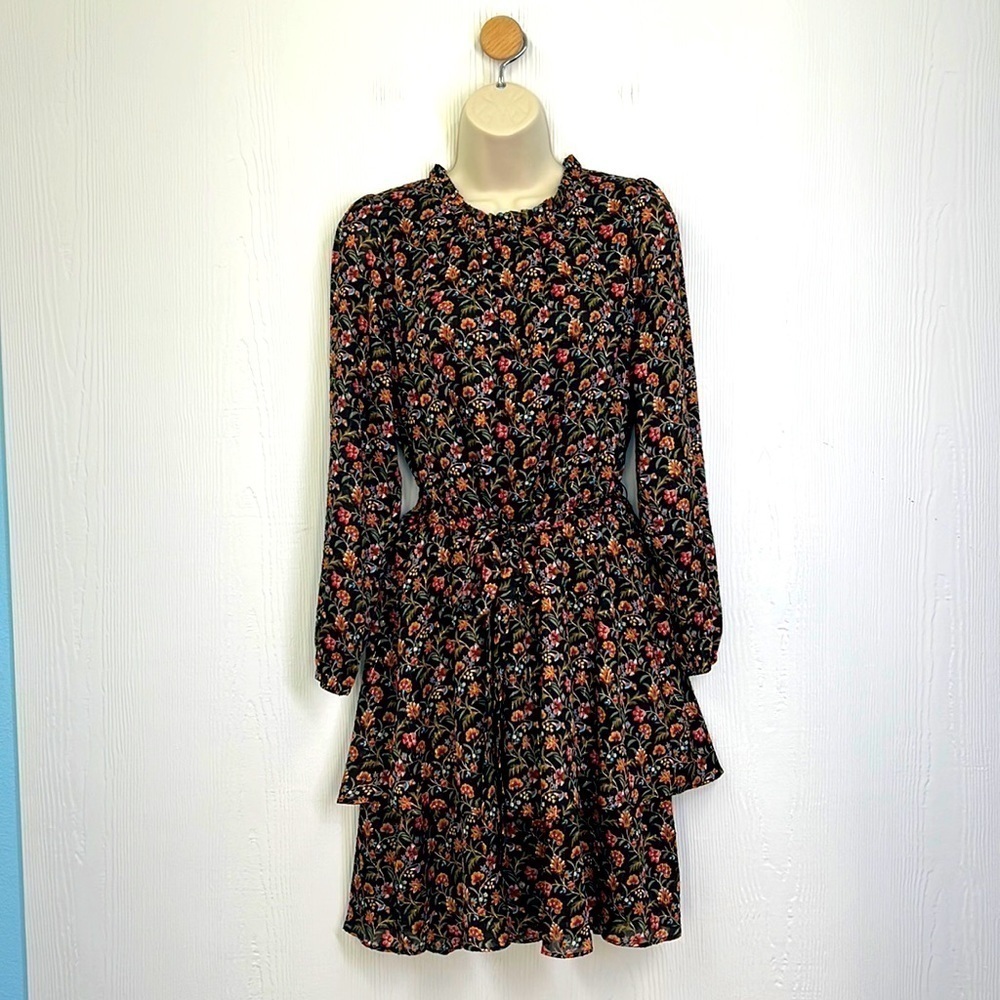 Loft - Black Colorful Shimmer Floral Ruffle Flare Midi Dress Size Medium Petite
